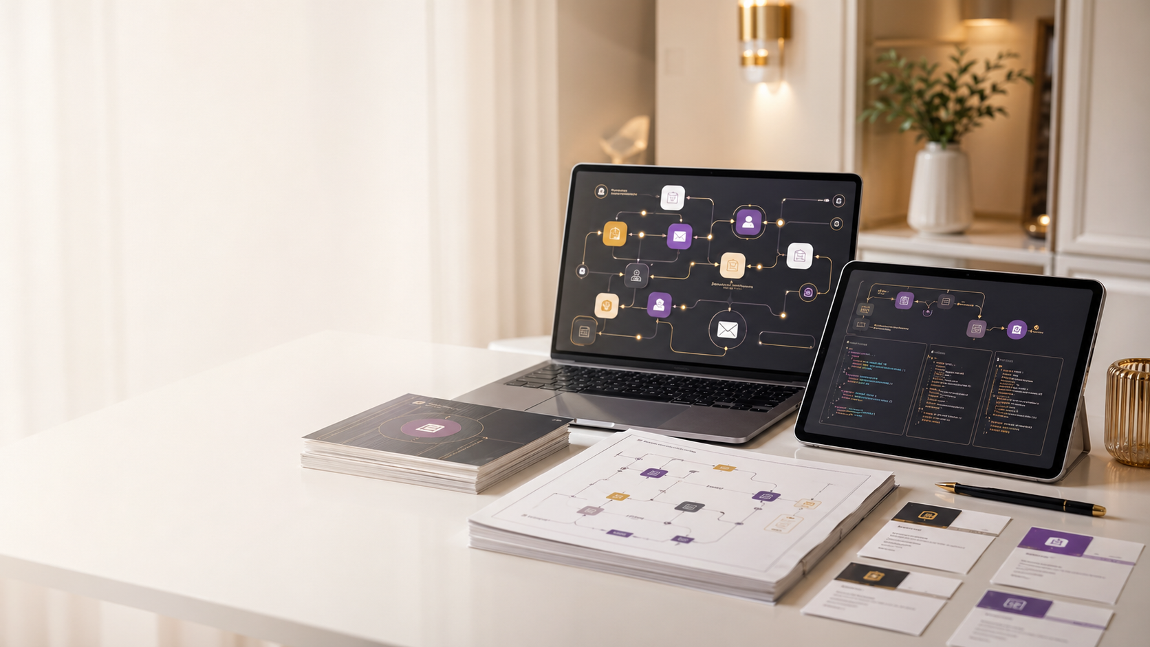 Bright premium automation product kit with workflow cards and AI system visuals